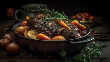 Pot Roast full of vegetables on a bowl with blurred background, photo