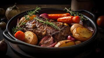 Closeup of pot roast full of vegetables on a bowl with blurred background, photo