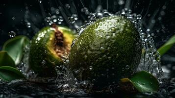 fresh green avocado hit by splashes of water with perfect viewing angle, AI Generative photo