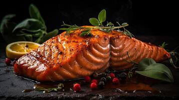 Close up Salmon on a wooden table with a blurred background, photo