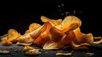 Potato Chips with a sprinkling of savory salty spices on a wooden table with a blurred background, photo