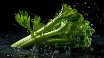 close up green celery hit by splashes of water with black blur background, AI Generative photo
