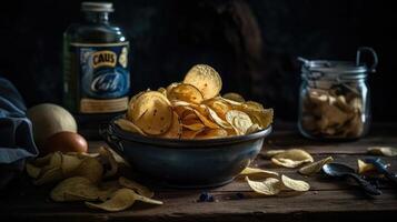 Potato Chips with a sprinkling of savory salty spices on a wooden table with a blurred background, photo