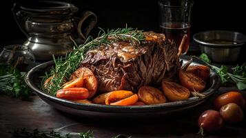 Closeup of pot roast full of vegetables on a bowl with blurred background, photo
