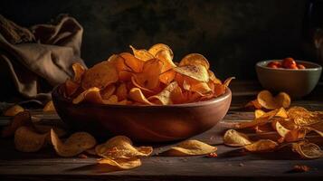 Closeup Potato Chips with a sprinkling of savory salty spices on a wooden table, photo