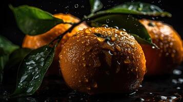 Fresh Mandarin hit by splashes of water with black blur background, photo
