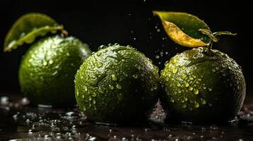 Close-up fresh lime hit by splashes of water with black blur background, AI Generative photo