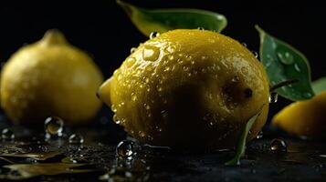 Closeup Lemon hit by splashes of water with black blur background, photo