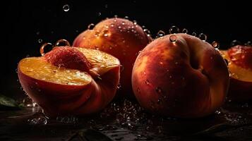 Peach hit by splashes of water with black blur background, AI Generative photo