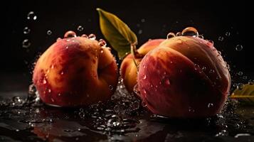 Fresh Peach hit by splashes of water with black blur background, AI Generative photo