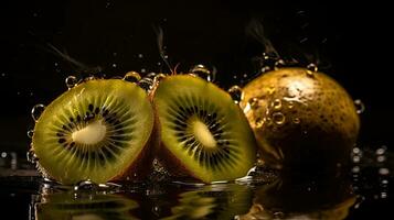 Kiwi hit by splashes of water with black blur background, AI Generative photo