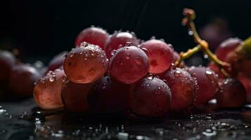 de cerca uva frutas golpear por salpicaduras de agua con negro difuminar fondo, ai generativo foto