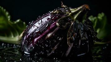 Eggplant hit by splashes of water with black blur background, AI Generative photo