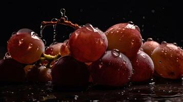 Close-up grape fruits hit by splashes of water with black blur background, photo