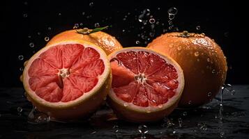 Grapefruits hit by splashes of water with black blur background, photo