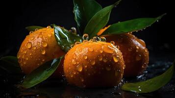 Fresh Mandarin hit by splashes of water with black blur background, photo