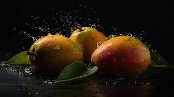 Mango hit by splashes of water with black blur background, AI Generative photo