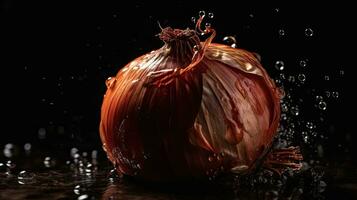 Closeup Onion hit by splashes of water with black blur background, AI Generative photo