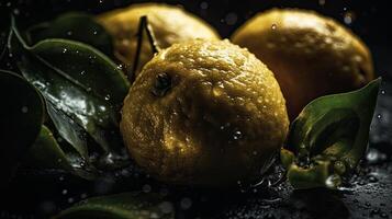 Fresh Lemon hit by splashes of water with black blur background, photo