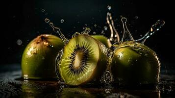 Kiwi hit by splashes of water with black blur background, AI Generative photo