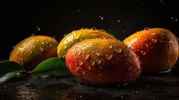 Fresh Mango hit by splashes of water with black blur background, AI Generative photo