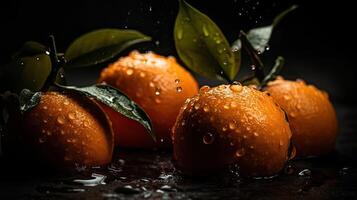 Fresh Orange hit by splashes of water with black blur background, photo