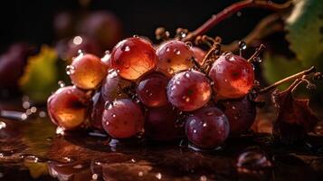Fresh Grape fruits hit by splashes of water with black blur background, photo