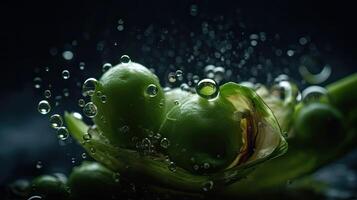 verde guisante golpear por salpicaduras de agua con negro difuminar fondo, ai generativo foto