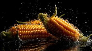 fresh corn hit by splashes of water with black background and blur, AI Generative photo