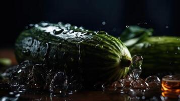 Pepino golpear por salpicaduras de agua con negro difuminar fondo, ai generativo foto