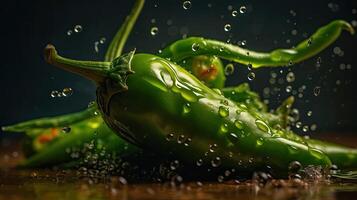 verde chile golpear por salpicaduras de agua con negro difuminar fondo, ai generativo foto