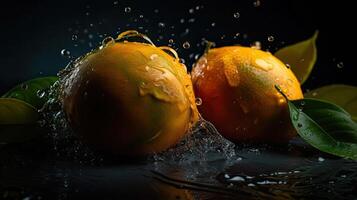 Fresh Mango hit by splashes of water with black blur background, AI Generative photo