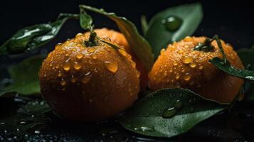 Mandarin hit by splashes of water with black blur background, photo