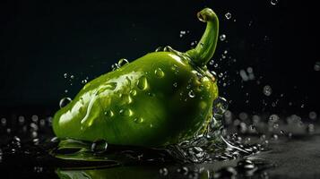 Green Chili hit by splashes of water with black blur background, AI Generative photo