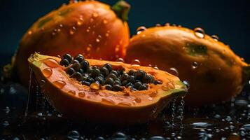 Papaya hit by splashes of water with black blur background, photo