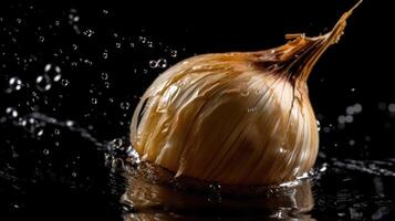 Closeup Onion hit by splashes of water with black blur background, AI Generative photo