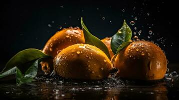 Mango hit by splashes of water with black blur background, AI Generative photo