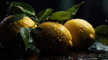 Fresh Lemon hit by splashes of water with black blur background, photo