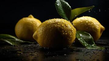 Fresh Lemon hit by splashes of water with black blur background, photo