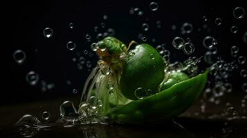 verde guisante golpear por salpicaduras de agua con negro difuminar fondo, ai generativo foto