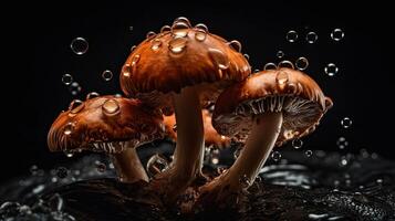 Closeup Mushroom hit by splashes of water with black blur background, AI Generative photo