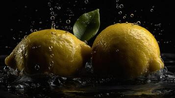 Fresh Lemon hit by splashes of water with black blur background, photo