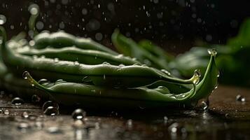 French Beans hit by splashes of water with black background and blur, AI Generative photo