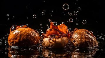 Mushroom hit by splashes of water with black blur background, AI Generative photo