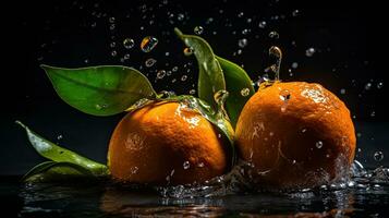 Mandarin hit by splashes of water with black blur background, AI Generative photo