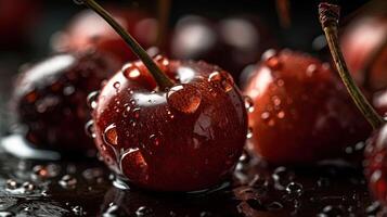 Close up cherry fruits hit by splashes of water with black background and blur, photo