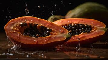 Papaya hit by splashes of water with black blur background, AI Generative photo