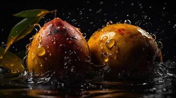 Closeup Mango hit by splashes of water with black blur background, AI Generative photo