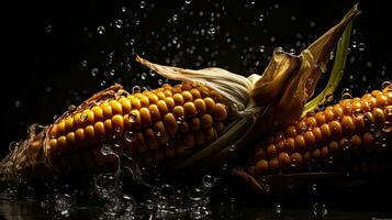 Corn hit by splashes of water with black background and blur, AI Generative photo