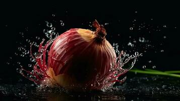 Onion hit by splashes of water with black blur background, AI Generative photo